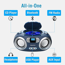 Load image into Gallery viewer, MEGATEK Portable CD Player Boombox with FM Radio, Bluetooth, and USB Port | Clear Stereo Sound | CD-R/RW and MP3 CDs Compatible | 3.5mm Aux Input and Headphone Jack | Backlit LCD Display - Blue Jay