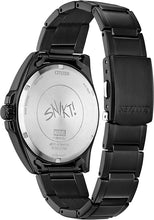 Load image into Gallery viewer, Citizen Men's Eco-Drive Marvel Wolverine Black Ion Plated Watch with Black Leather Strap and Pin Gift Set,Blue Dial, Luminous Hands, 42mm (Model: AW1435-66W)