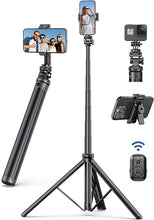 Load image into Gallery viewer, 75" Phone Tripod, Selfie Stick Tripod with Remote and Phone Holder, Extendable Tripod for iPhone, Aluminum Cell Phone Tripod Stand 360° Rotation Travel Tripod Compatible with iPhone Android, GoPro
