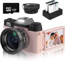Load image into Gallery viewer, VETEK Digital Cameras for Photography, 4K 48MP Vlogging Camera 16X Digital Zoom Manual Focus Students Compact Camera with 52mm Wide-Angle Lens & Macro Lens, 32G Micro Card and 2 Batteries (Pink)