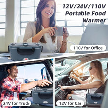 Load image into Gallery viewer, Electric Lunch Box, 12V/24V/110V Portable Food Warmer with SS Fork & Spoon for Car/Truck/Office, 80W Self Heating Lunch Box with 1.5L 304 Stainless Steel Container & 0.45L PP Fruit Box Black