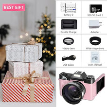 Load image into Gallery viewer, VETEK Digital Cameras for Photography, 4K 48MP Vlogging Camera 16X Digital Zoom Manual Focus Students Compact Camera with 52mm Wide-Angle Lens & Macro Lens, 32G Micro Card and 2 Batteries (Pink)
