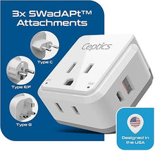 Load image into Gallery viewer, Ceptics European Plug Travel Adapter Set, 20W PD & QC, Safe Dual USB & USB-C - 2 USA Socket - Compact - Use in Germany, France, Italy, UK - Includes Type E/F, Type C, Type G SWadAPt Attachments