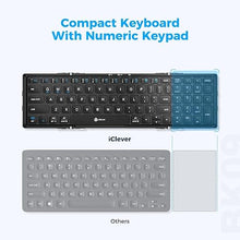 Load image into Gallery viewer, iClever Portable Keyboard, BK09 Foldable Bluetooth Keyboard with Number Pad for Travel and Business Trip, Rechargeable Portable Keyboard for Laptop, iPad, iPhone, Sync up to 3 Devices