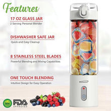 Load image into Gallery viewer, BRENTWOOD RJB-100W Portable Battery-Operated USB-Chargeable Glass Blender, 17 oz, White