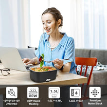 Load image into Gallery viewer, Electric Lunch Box, 12V/24V/110V Portable Food Warmer with SS Fork & Spoon for Car/Truck/Office, 80W Self Heating Lunch Box with 1.5L Container & 0.45L PP Fruit Box Matte Black