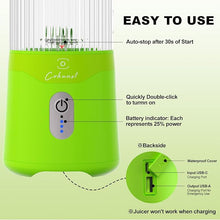 Load image into Gallery viewer, COKUNST Portable Blender for Smoothies, USB Rechargeable Personal Smoothie Shakes Blender, 16 OZ Mini Juicer Mixer with 6 Blades, Small Blender Cup with 2 Lids for Travel, Office, Gym, Kitchen Green