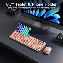 Load image into Gallery viewer, Wireless Keyboard and Mouse Combo, Soueto 2.4G Full-Sized Computer Keyboard with Phone Tablet Holder, 22 Multimedia Shortcuts, Numeric Keypad, 6 Button Silent Mouse for Windows, Mac (Cherry Pink)