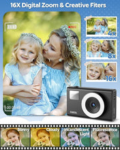 Load image into Gallery viewer, Digital Camera, UHD 4K Kids Camera, 48MP 16x Digital Zoom Point and Shoot Camera, Auto Focus, 3-Speed Fill Light, Anti-Shake Compact Small Camera for Teen Adult Beginner(Black)