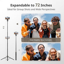 Load image into Gallery viewer, Sensyne 72"" Phone Tripod, Extendable Tripod for iPhone & Selfie Stick with Detachable Phone Holder & Wireless Remote, iPhone Tripod Compatible with All Cell Phones, Camera, Black