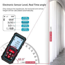 Load image into Gallery viewer, Laser Measure Device, MiLESEEY 229ft Digital Laser Tape Measure with Upgrade Electronic Angle Sensor, ±2mm Accuracy, Area Measurement,Volume and Pythagoras, 2" LCD Backlit,Mute, Battery Included