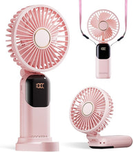 Load image into Gallery viewer, Portable Fan, 4200mAh Battery Operated Fan, 5 Speeds&Digital Display, Makeup Fans for Women with Base, 180°Foldable 3in1 Handheld/Neck/Desk Fan for Outdoor Indoor,Ultra Quiet (Pink)