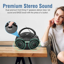 Load image into Gallery viewer, Portable Stereo CD Player Boombox with AM/FM Radio, Bluetooth, USB, AUX-in, Headphone Jack, CD-R/RW and MP3 CDs Compatible, Clear and Full Sound with Bass Boost, AC/Battery Operated – Black
