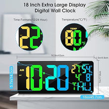 Load image into Gallery viewer, 11 RGB Color Changes Large Digital Wall Clock/Bluetooth Auto Time Sync, Remote-Controlled Digital Wall Clock Large Display with Alarm/Timer Function, DST, Indoor Temperature/Humidity Display (18 inch)