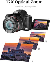 Load image into Gallery viewer, Ordro 4K Digital Camera for Photography, 64MP Vlogging Camera for YouTube with 3.0" IPS Touch Screen 12X Optical Zoom 30X Digital Zoom 1080P 60FPS AF/MF,Point and Shoot Camera for Beginner (Black)
