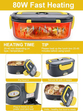 Load image into Gallery viewer, Buddew Electric Lunch Box 80W Food Heater for Adults, 12/24/110V Portable Lunch Warmer Upgraded Heated Lunch Box for Car/Truck/Office with SS Fork&Spoon and Insulated Carry Bag(Yellow)