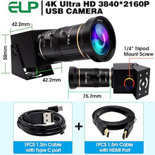 Load image into Gallery viewer, ELP 4K USB HDMI USB Camera Manual Zoom Webcam Variable Focus PC Camera Mini Close-up Camera for Computer H.264 Telescope USB Security Camera 8mp IMX415 Industrial CCTV Camera (5-50mm 10X Zoom Lens)