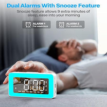 Load image into Gallery viewer, Alarm Clocks for Bedrooms, Mirror Clock with 8 RGB Atmosphere Light, Dual Alarms, 3 Alarm Modes, Snooze, Sleep Aid, Timer, USB Charger, Bedside Digital Alarm Clock for Kids, Adults, Heavy Sleepers