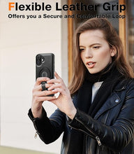 Load image into Gallery viewer, Capture Grip Strap Magnetic Stand for iPhone 16 Plus Case with Screen Protector, Protective iPhone 16 Plus Case Leather, Compatible with MagSafe, Built-in Kickstand,for Men Women, Black