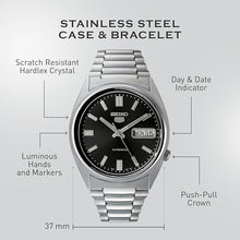 Load image into Gallery viewer, SEIKO SNXS79 Automatic Watch for Men 5-7S Collection - Black Dial on Silver with Luminous Hands, Day/Date Calendar, Stainless Steel Case & Bracelet