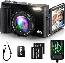 Load image into Gallery viewer, 4K Digital Camera for Photography Auto-Focus Vlogging Camera for YouTube Video with 3'' 180° Flip Screen 16X Anti-Shake 4K Camera Compact Cameras with SD Card, Flash, 2 Batteries & Battery Charger