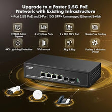 Load image into Gallery viewer, MokerLink 4 Port 2.5G PoE Switch with 2 Port 10G SFP+ Slot, 4 x 2.5G Base-T Ports Compatible with 10/100/1000Mbps, IEEE8023af/at PoE 78W, Metal Unmanaged Fanless Small Network Switch