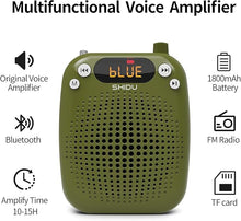 Load image into Gallery viewer, SHIDU Voice Amplifier, 10W Speaker with Microphone Headset Portable Megaphone PA System Support Bluetooth, FM, TF Card, USB Flash Disk for Teachers, Classroom, Tour Guide, Training (Green)
