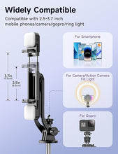 Load image into Gallery viewer, 53'' Selfie Stick Tripod with Light, Extendable Selfie Stick with Remote, Portable Cell Phone Tripod Stand with All in 1 Phone Clip, Lightweight Camera Tripod Compatible with iPhone 15 14 13, Android