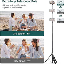 Load image into Gallery viewer, ATUMTEK 65" Selfie Stick Tripod, All in One Extendable Phone Tripod Stand with Bluetooth Remote 360° Rotation for iPhone and Android Phone Selfies, Video Recording, Vlogging, Live Streaming, Black