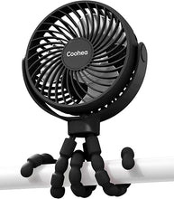 Load image into Gallery viewer, Stroller Fan Battery Operated Portable Fan USB Rechargeable Small Fan with Flexible Tripod Cooling Fan Clip on for Baby Stroller Car Seat Bike Golf Cart Beach Trip Outdoor, 3 Speeds Wind, Black