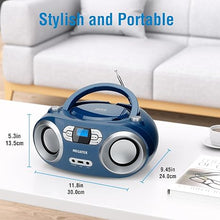 Load image into Gallery viewer, MEGATEK Portable CD Player Boombox with FM Radio, Bluetooth, and USB Port | Clear Stereo Sound | CD-R/RW and MP3 CDs Compatible | 3.5mm Aux Input and Headphone Jack | Backlit LCD Display - Blue Jay