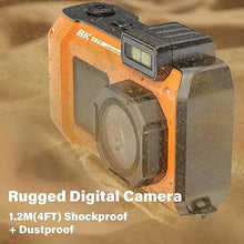 Load image into Gallery viewer, 8K UHD 70MP Digital Camera with 32GB Card Rugged Waterproof Dustproof Shockproof 33FT Underwater Camera Dual-Screen Selfie for Snorkeling Autofocus Point and Shoot Digital Camera (Orange)