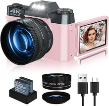 Load image into Gallery viewer, VJIANGER 4K Vlogging Camera for YouTube 56MP Digital Camera for Photography and Video with 180°Flip Screen, 16X Digital Zoom, 52mm Wide Angle & Macro Lens, 32GB Micro SD Card, 2 Batteries(Pink)