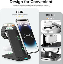 Load image into Gallery viewer, Wireless Charging Station, 3 in 1 Fast Wireless Charger Stand for Multiple Devices Apple Watch Ultra Series 9 8 7 6 SE 5 4 3 2, iPhone 16 15 14 13 12 11 Pro Max/Plus/Mini/X/XS/XR, Airpods Pro