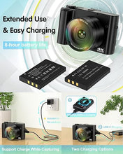 Load image into Gallery viewer, 4K Digital Camera for Photography, 64MP Autofocus Vlogging Camera for YouTube with Selfie Lens, Compact Travel Video Camera with Flash, 16X Zoom, Anti-Shake, 32GB Card, 2 Batteries(Black)