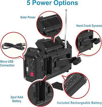 Load image into Gallery viewer, Auto NOAA Digital 5000 Weather Radio with Backlit LCD Screen, 5 Way Powered Solar Hand Crank Portable AM/FM/Shortwave Emergency Radio/Phone Charger,Read Lamp/Camping Flashlight,Earbud Jack,Clock,SOS