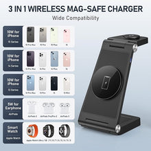 Load image into Gallery viewer, Magnetic Wireless Charger Stand, 3 in 1 Foldable Wireless Charging Station, Travel Charger for Multiple Devices for iPhone 16 15 14 13 12 Series, Apple Watch Ultra/9/8/7/6/5/4/3/2, AirPods