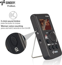 Load image into Gallery viewer, Sondery Digital Metronome for Guitar Piano Drum and All Instruments with Timer, English Vocal Counting and 3 Different Sounds with Earphone Jack and Flashing Light, Loud Volume, Rechargeable