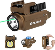 Load image into Gallery viewer, OLIGHT Baldr S 800 Lumens Compact Rail Mount Weaponlight with Green Beam and White LED Combo, Magnetic USB Rechargeable Tactical Flashlight with 1913 or GL Rail, Battery Included (Desert Tan)