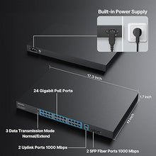 Load image into Gallery viewer, 24 Port Full Gigabit PoE Switch with 2 Uplink Gigabit Port & 2 SFP Port, 24 Port PoE+ Network Switch, Total Budget 400W, 48V Standard POE, 803.af/at Compliant, Unmanaged Plug and Play, Rack Mount