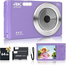 Load image into Gallery viewer, Digital Camera for Teens, FHD 4K 44MP Digital Camera Purple with 64GB SD Card 16X Digital Zoom, Cameras for Photography Compact Point and Shoot Camera for Teen Boys Girls Kids Camera Digital Purple