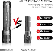 Load image into Gallery viewer, WdtPro High-Powered LED Flashlight S3000, Super Bright Flashlights - High Lumen, IP67 Water Resistant, 3 Modes and Zoomable for Camping, Emergency, Hiking, Gift
