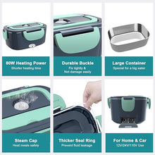Load image into Gallery viewer, Electric Heated Lunch Boxes Adults: 80W Electric Lunch Box Food Heated 12/24/110V 1.5L Heatable Lunch Box for Car/Truck/Office Leak-Proof Stainless Steel Container, Fork & Spoon, Bag (Grey+Green)