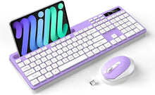 Load image into Gallery viewer, Wireless Keyboard and Mouse Combo, Soueto 2.4G Full-Sized Computer Keyboard with Phone Tablet Holder, 22 Multimedia Shortcuts, Numeric Keypad, 6 Button Silent Mouse for Windows, Mac (Purple-White)