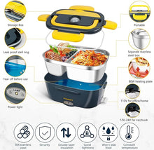 Load image into Gallery viewer, Electric Lunch Box Food Warmer, 80W Food Heater 3 in 1 12/24/110V for Car and Home, Lunch Heating Microwave for Truckers with 304 Stainless Steel Container, Heated Food Box with Tableware