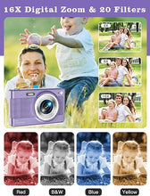 Load image into Gallery viewer, Upgrade Digital Camera, 56MP FHD 1080P Camera for Kids with 16x Zoom Anti Shake, Kid Camera with 32GB TF Card, Two Batteries, Lanyard, Compact Small Camera for Kids Boys Girls?Purple?