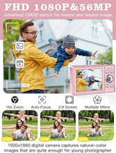 Load image into Gallery viewer, Upgrade Digital Camera, 56MP FHD 1080P Camera for Kids with 16x Zoom Anti Shake, Kid Camera with 32GB TF Card, Two Batteries, Lanyard, Compact Small Camera for Kids Boys Girls?Pink?