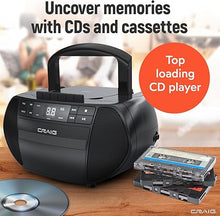 Load image into Gallery viewer, Craig Portable Top-Loading CD Boombox with AM/FM Stereo Radio and Cassette Player/Recorder in Black | Cassette Player/Recorder | LED Display (Black)
