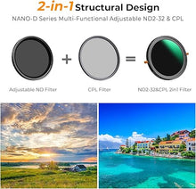 Load image into Gallery viewer, K&F Concept 72mm Variable Fader ND2-32 ND Filter and CPL Circular Polarizing Lens Filter in 1 for Camera Lens Waterproof Neutral Density Polarizer Filter (Nano-D Series)