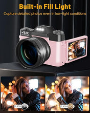 Load image into Gallery viewer, VJIANGER 4K Vlogging Camera for YouTube 56MP Digital Camera for Photography and Video with 180°Flip Screen, 16X Digital Zoom, 52mm Wide Angle & Macro Lens, 32GB Micro SD Card, 2 Batteries(Pink)
